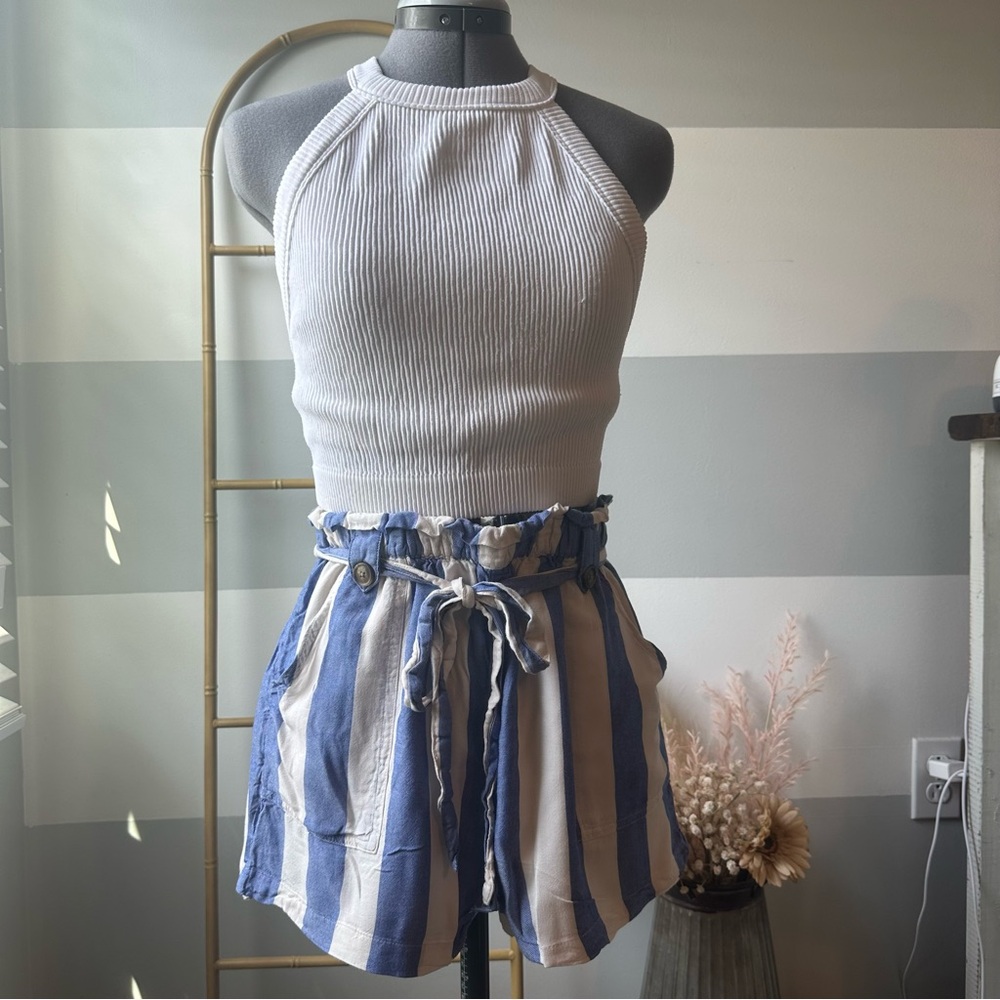 American Eagle Outfitters Blue and White Striped Paperbag Waist Shorts